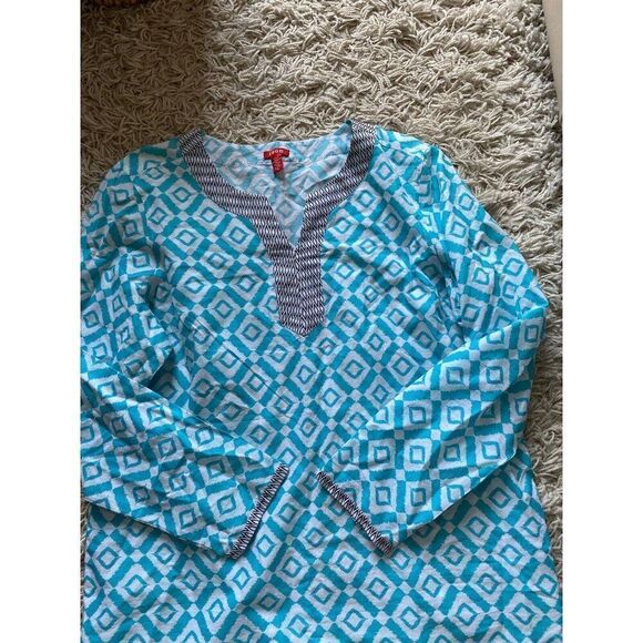 IZOD Blouse Top Tunic Kaftan XL Turquoise Blue White - Picture 2 of 6